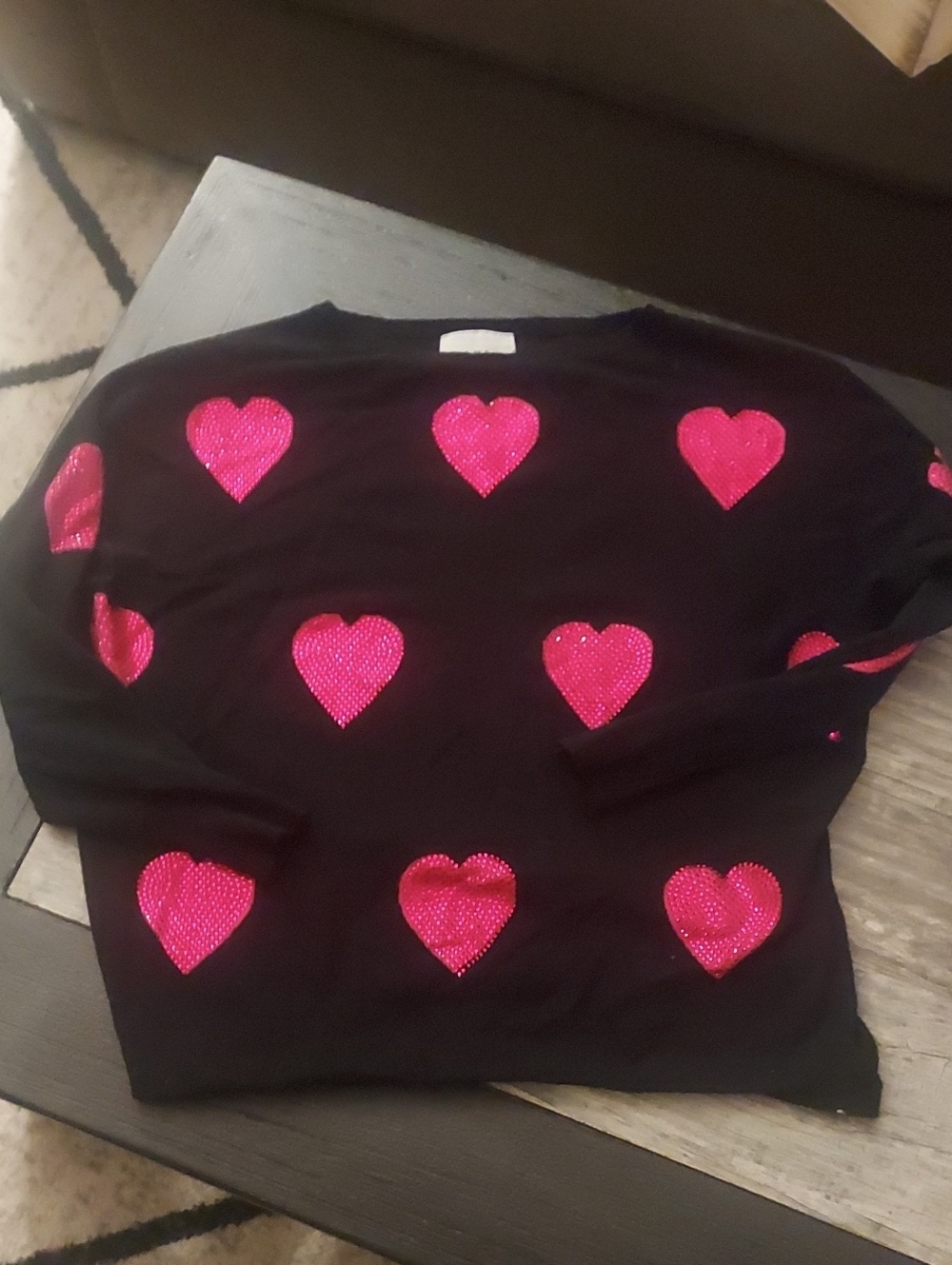 Milano Black Crewneck Sweater with Hot Pink Sequin Hearts